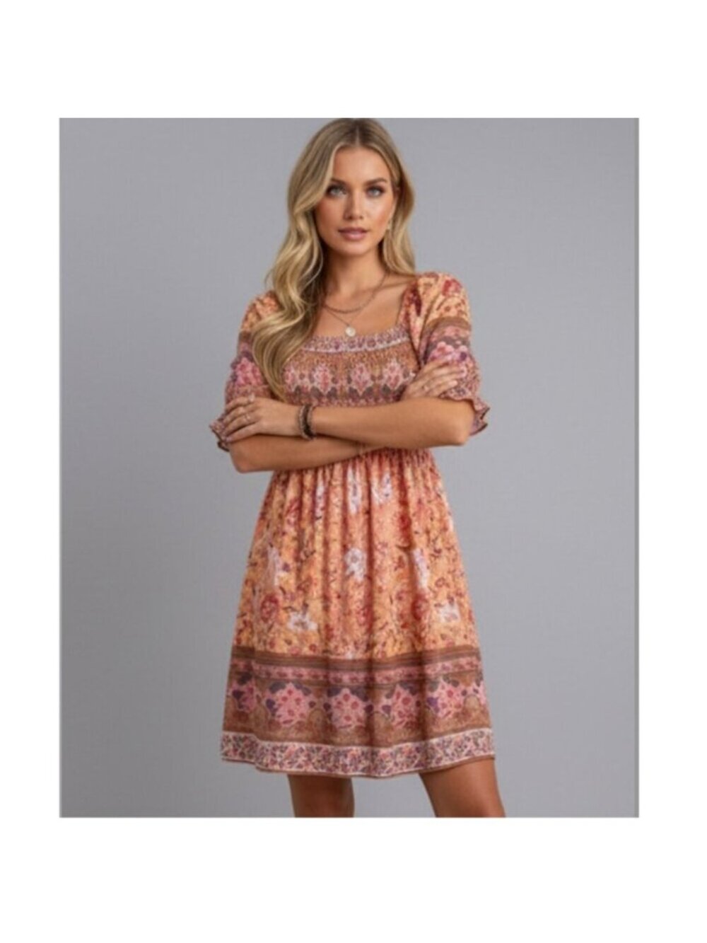 Boho Floral Print Ruffle Sleeve Dress - Picture 2 of 9
